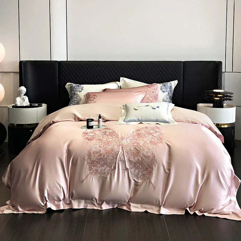 DecorBites™ Butterfly Flowers Embroidery Luxury Bedding Set 4Pcs