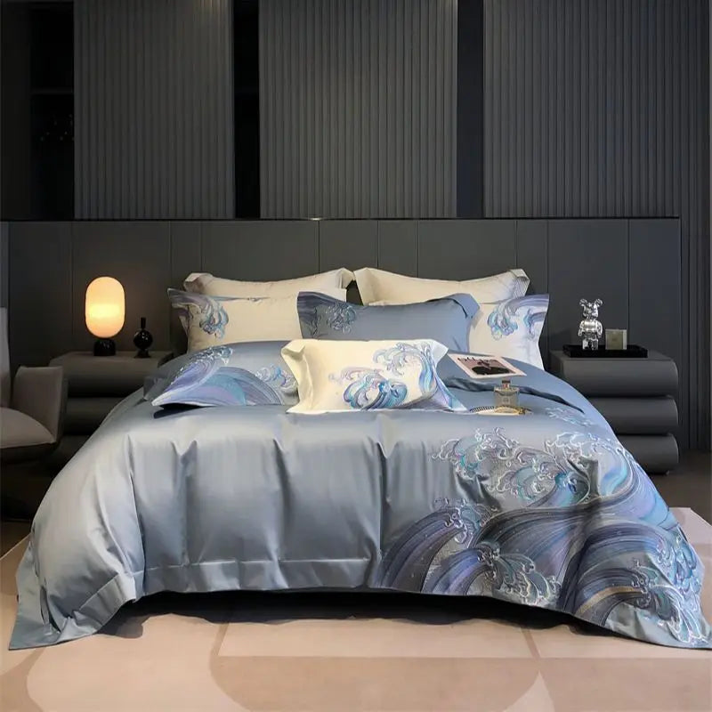 DecorBites™ Blue Tides Waves Embroidery 1200TC Luxury Bedding Set with Duvet Cover, Sheet, Pillowcases