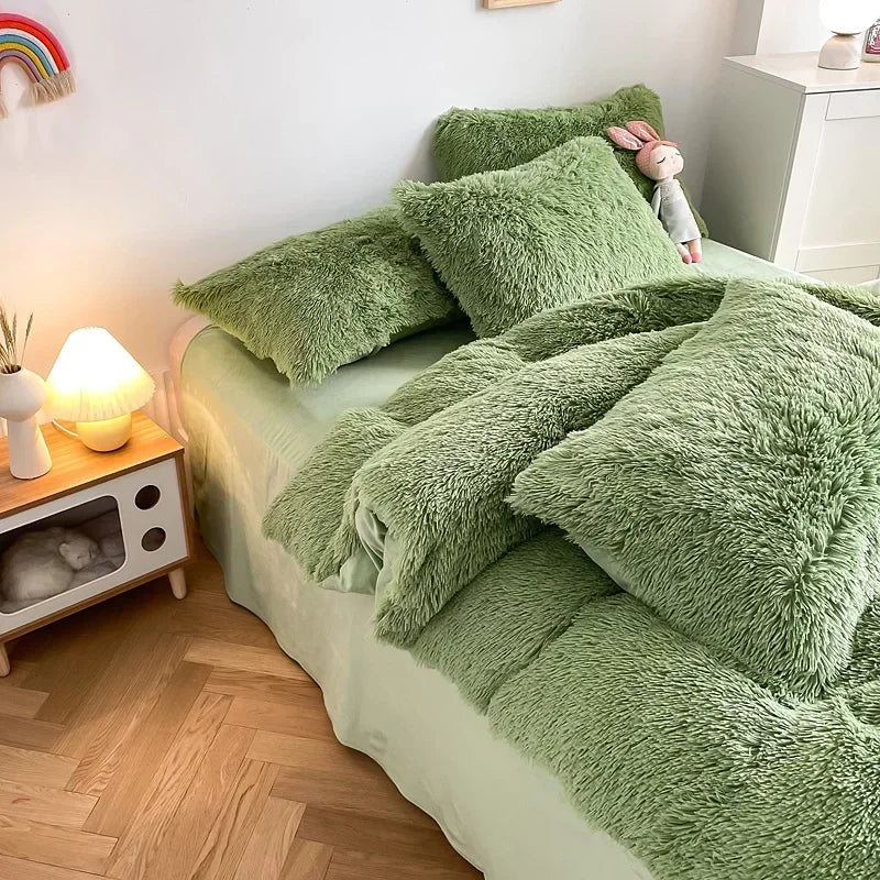 DecorBites™ Fluffy Faux Fur Bedding Set: Duvet Cover, Sheet, Pillowcase - Soft & Warm