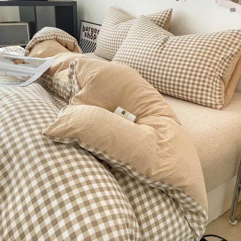 DecorBites™ Japanese Style Check Duvet Cover Set - Soft Washed Quilt Cover & Pillowcase