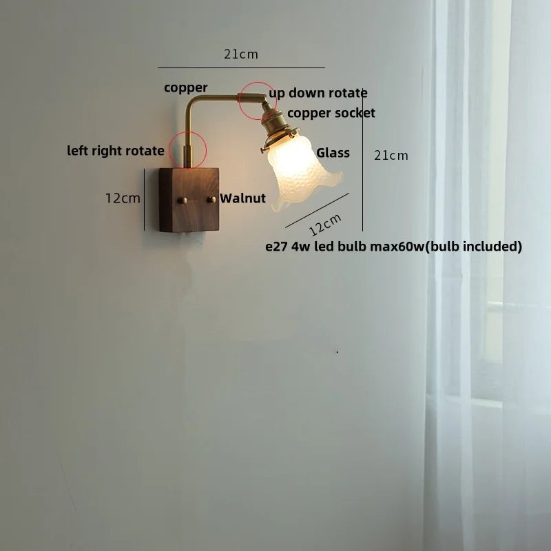 DecorBites™ Brass Walnut Wood LED Wall Sconce with Pull Chain Switch & Flower Glass