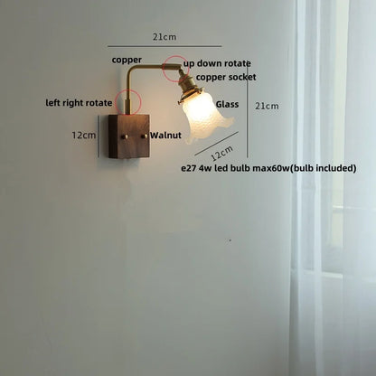 DecorBites™ Brass Walnut Wood LED Wall Sconce with Pull Chain Switch & Flower Glass