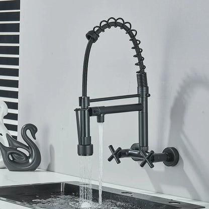 DecorBites™ Gold Black Kitchen Faucet Wall Mount Pull Down Tap Dual Swivel Spouts