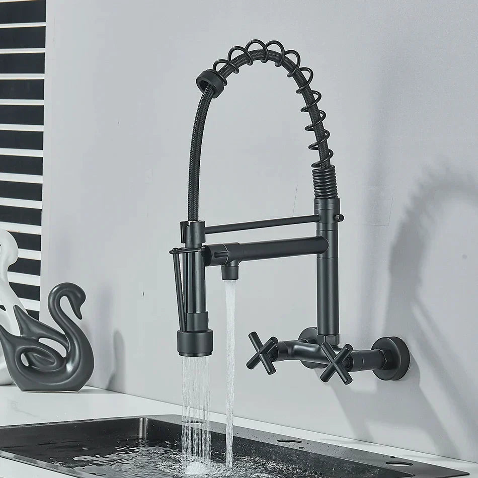 DecorBites™ Black Kitchen Faucet Wall Mounted Dual Swivel Spouts Vessel Sink Mixer Tap