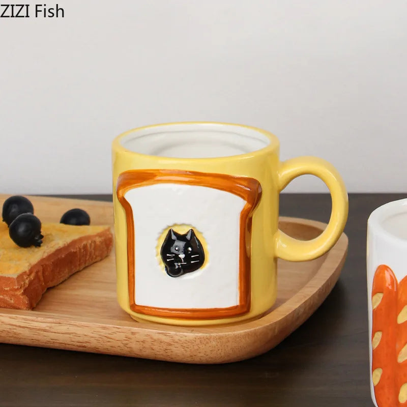 DecorBites™ Cat & Bread Pattern Ceramic Cup 200ml Coffee Mug Tea Afternoon Teacup Juice Mug