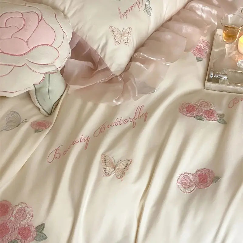 DecorBites™ Butterfly Flowers Lace Ruffles 4Pcs Bedding Set: Duvet Cover, Sheet, Pillowcases