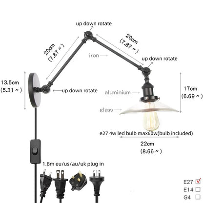 DecorBites™ Industrial Loft Swing Arm Wall Sconce Clear Glass Pull Chain Switch Bedside Lamp