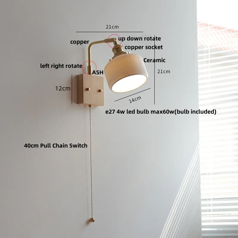 ™ Globe Ceramic Walnut Wood Wall Light with Pull Chain Switch and Rotatable Design