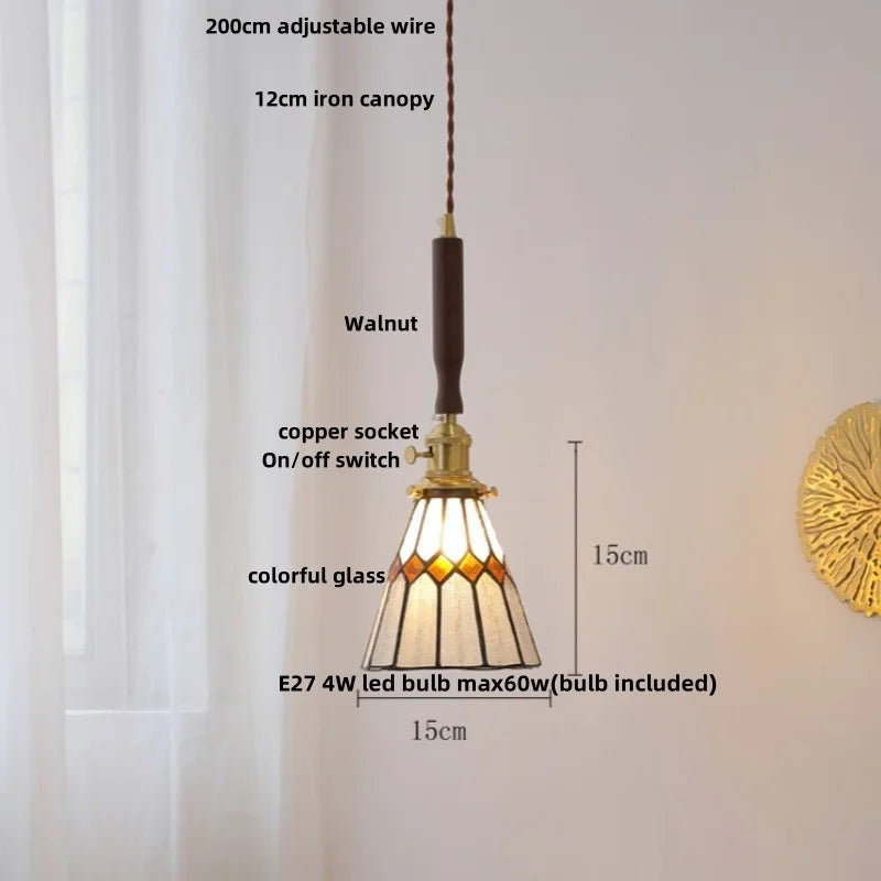 DecorBites™ LED Adjustable Pendant Light Fixture Amber Glass Walnut Wood Bar Hanging Lamp