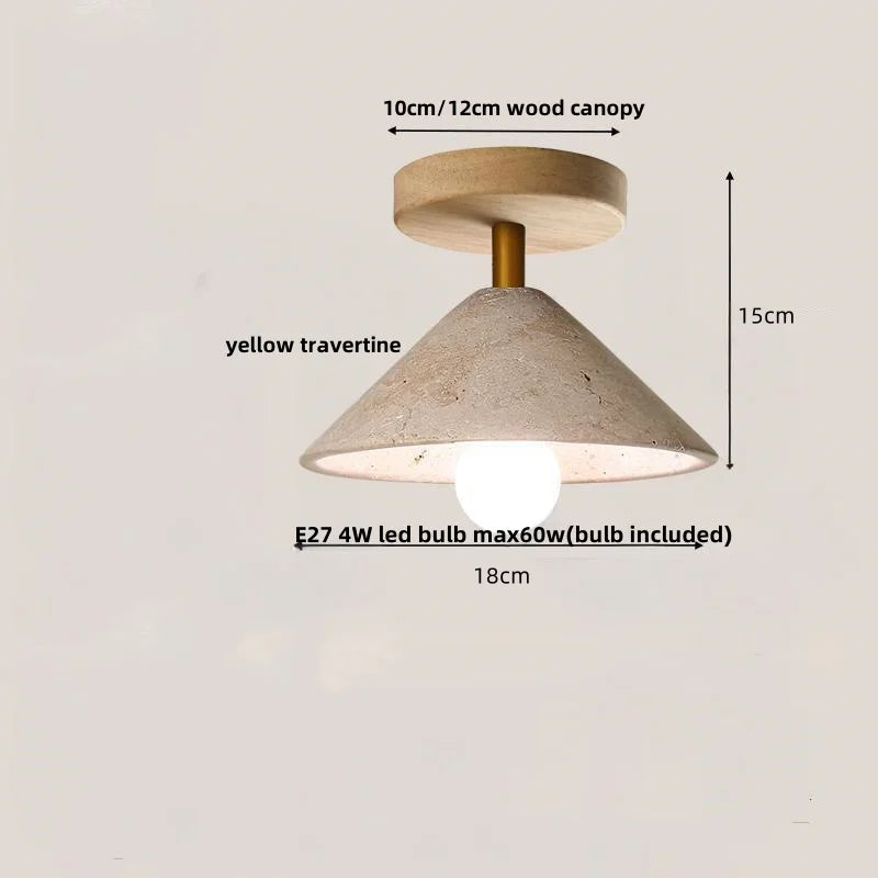 DecorBites™ Japan Style LED Ceiling Light Yellow Travertine Stone Wood Base Bedroom Luminaire.