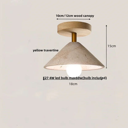 DecorBites™ Japan Style LED Ceiling Light Yellow Travertine Stone Wood Base Bedroom Luminaire.