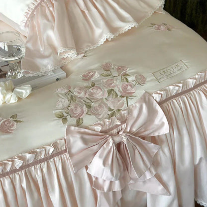 DecorBites™ French Bow Ruffle Flower Embroidery Bedding Set - Luxury Lyocell Cotton