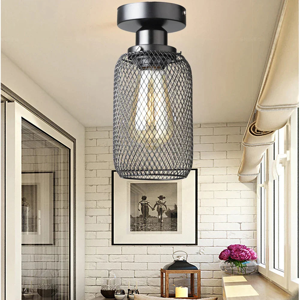 DecorBites™ Black Metal Cage Farmhouse Ceiling Light, E27 Base for Hallway, Porch, Bedroom