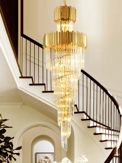 DecorBites™ Golden Luxury Spiral Crystal Chandelier for Multi-Story Staircases