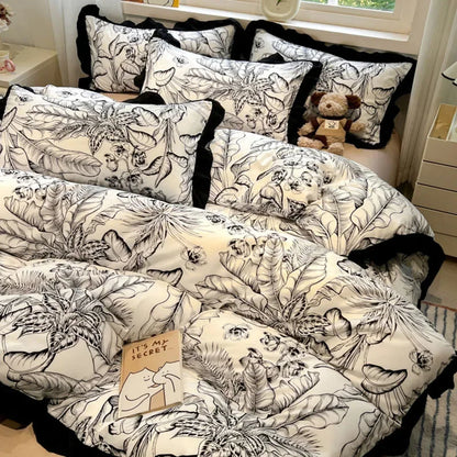 DecorBites™ Black White Printed Bed Skirt Bedding Set - Cozy Skin Friendly Linens