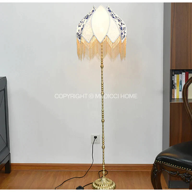 DecorBites™ Blue & White Porcelain Floral Lampshade with Pearl Tassel