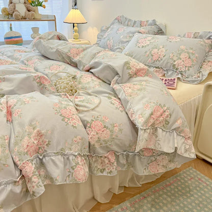 DecorBites™ Lace Bedding Set: Printed Design, Single Queen Size, Cozy Quilt Cover, Fitted Sheet, 2 Pillowcases