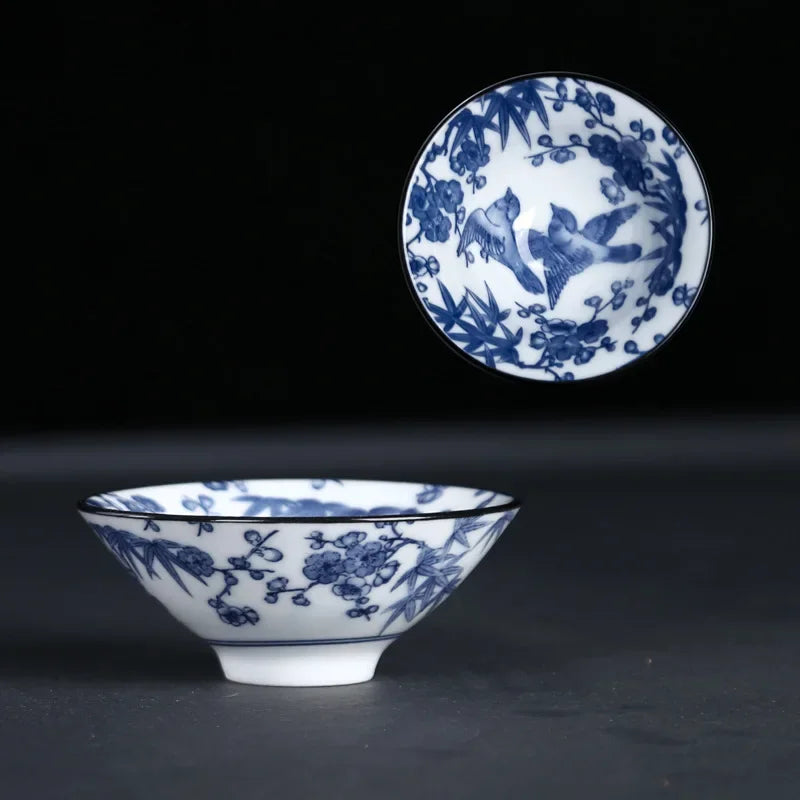 DecorBites™ Blue & White Ceramic Kung Fu Tea Cup, Japanese Style Porcelain Sake Espresso Mug