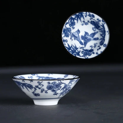 DecorBites™ Blue & White Ceramic Kung Fu Tea Cup, Japanese Style Porcelain Sake Espresso Mug
