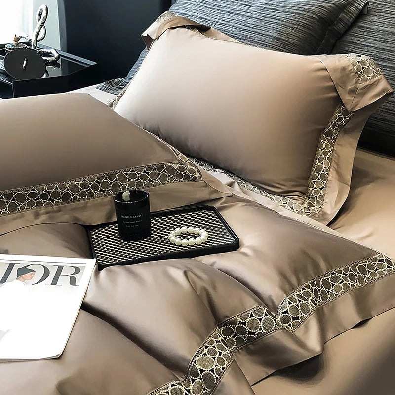 DecorBites™ Brown Lace Embroidery Bedding Set, 4Pcs, 1200TC Egyptian Cotton