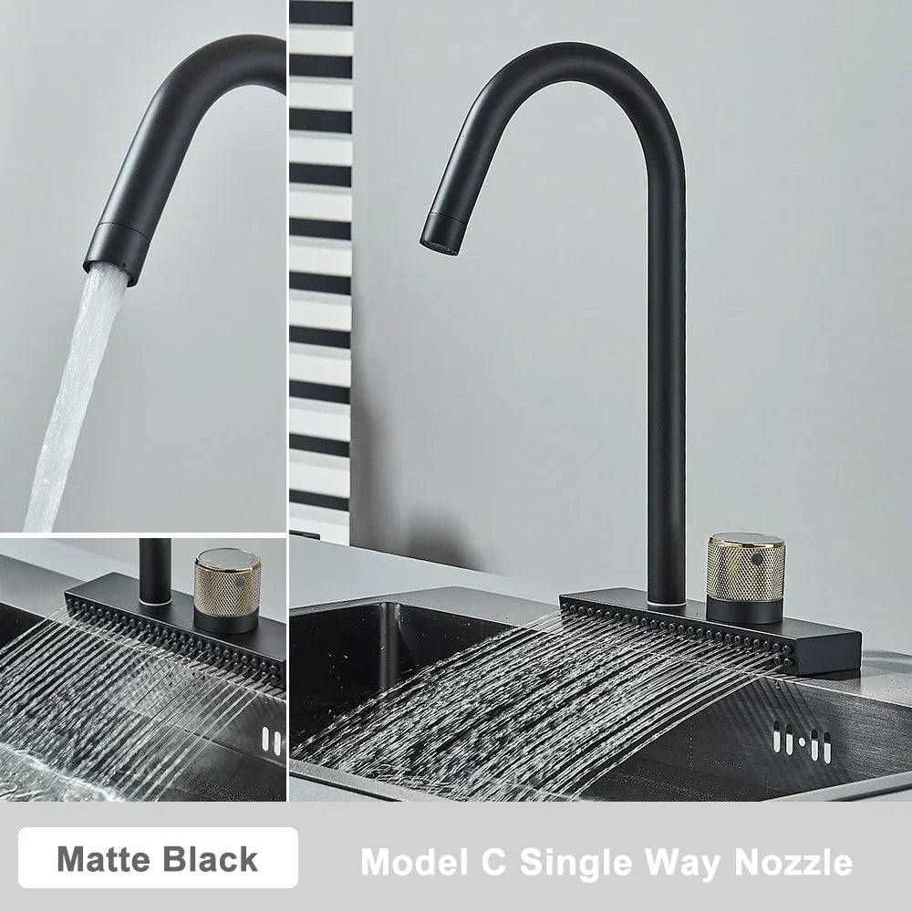 DecorBites™ Black Rainwater Kitchen Faucet Flexible Pull Out 3 Way Nozzle Mixer Tap