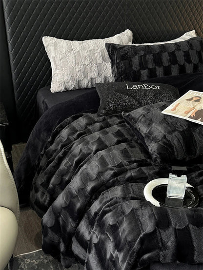 DecorBites™ Cozy Faux Rabbit Fur Bedding Set in Black & Grey: Duvet, Sheets, Pillowcases