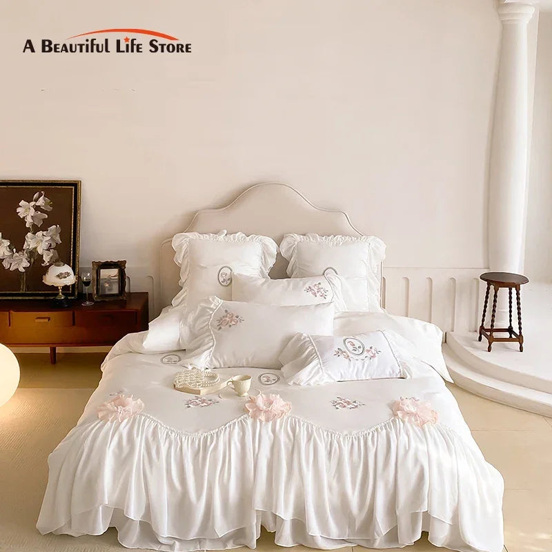™ Lace Ruffles Flowers Embroidery 4Pc Egyptian Cotton Bedding Set