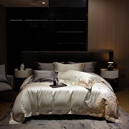 DecorBites™ 4-Piece Luxury Embroidery Bedding Set in Pearl White/Grey Satin Brocade Cotton
