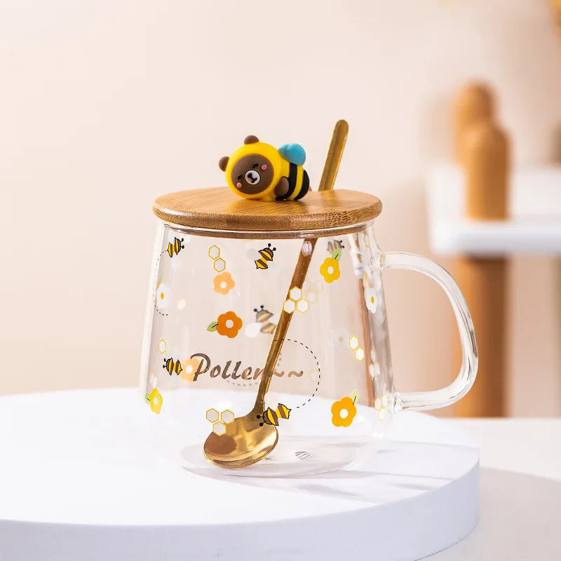 DecorBites™ Bee Glass Spoon Milk Cup Breakfast Coffee Mug with Lid