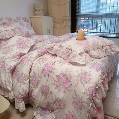 DecorBites™ French Rose Flowers Print Lace Ruffles Cotton Bedding Set - Duvet, Bed Skirt, Sheets & Pillowcases