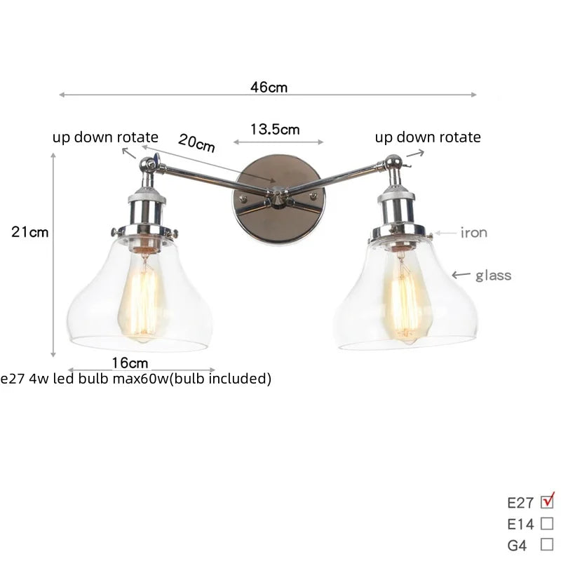 DecorBites™ 2 Head LED Wall Lamps Iron Glass Bedroom Stair Light Fixtures