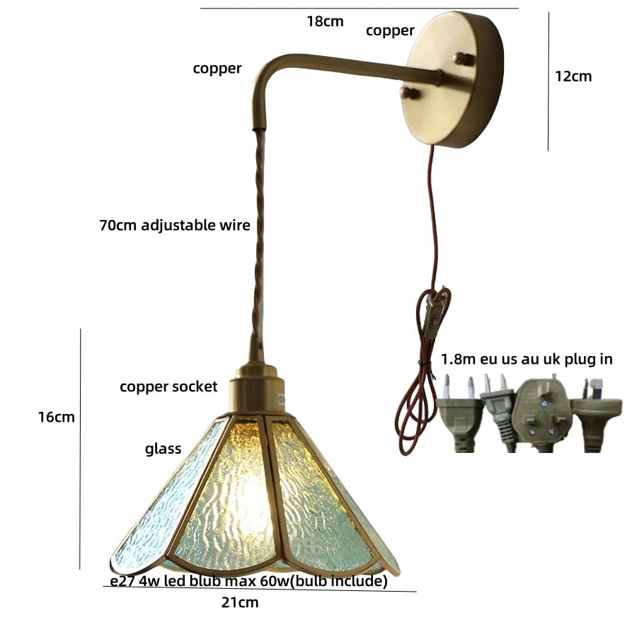 DecorBites™ Blue Glass LED Wall Sconce Pull Chain Switch Staircase Tiffany Style Mirror Light