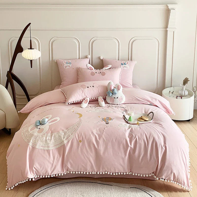 DecorBites™ Cartoon Rabbit Moon Embroidery 100% Cotton Girls Bedding Set with Ball Edge
