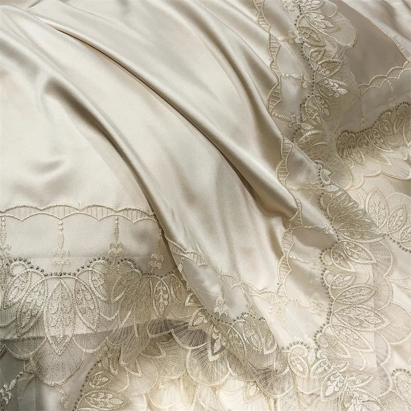 DecorBites™ Lace Patchwork Silk Cotton Luxury Bedding Set Queen King Size