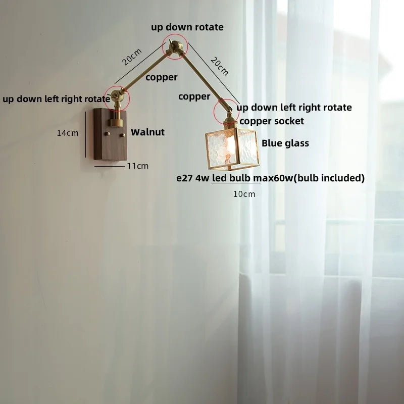 DecorBites™ Ash Wood LED Swing Arm Wall Light with Pull Chain Switch & Blue Glass