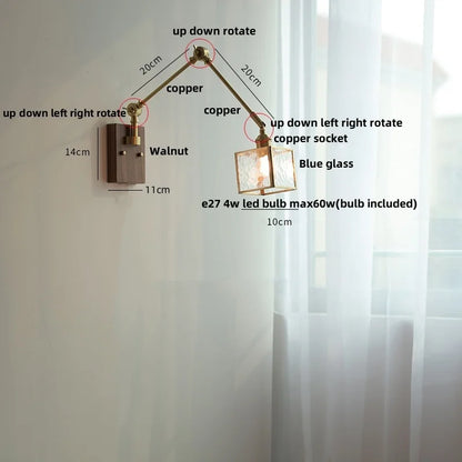 DecorBites™ Ash Wood LED Wall Lights Swing Arms Blue Glass Bedside Lamp