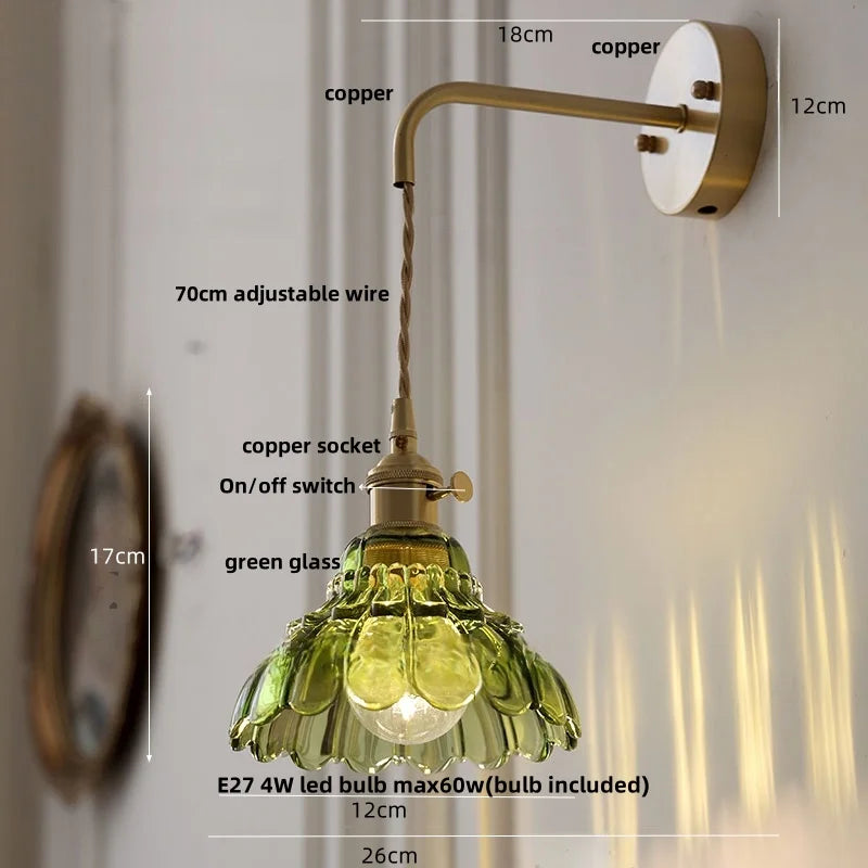 DecorBites™ Amber Glass LED Wall Light Pull Chain Switch Modern Flower Sconce