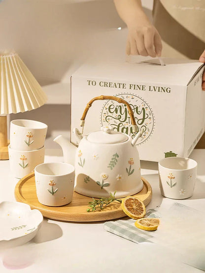 DecorBites™ Daisy Teapot Set: New Wedding Gift Souvenir Tea Set in Branded Gift Box