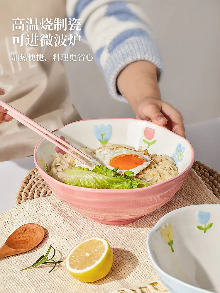 DecorBites™ 7" Hand-Painted Ceramic Ramen Bowl - Large Noodle Bowl for Home & Restaurant