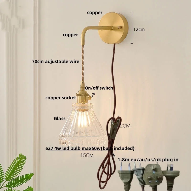 DecorBites™ Glass Clear LED Wall Light Fixture, Modern Copper Wall Lamp
