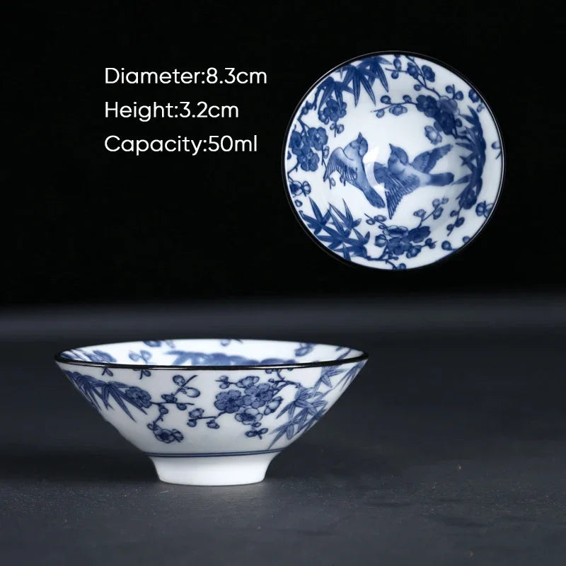 DecorBites™ Blue & White Ceramic Kung Fu Tea Cup, Japanese Style Porcelain Sake Espresso Mug