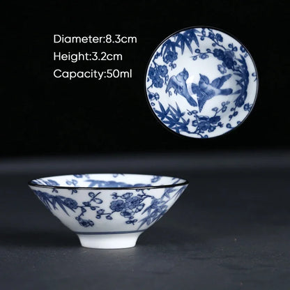 DecorBites™ Blue & White Ceramic Kung Fu Tea Cup, Japanese Style Porcelain Sake Espresso Mug