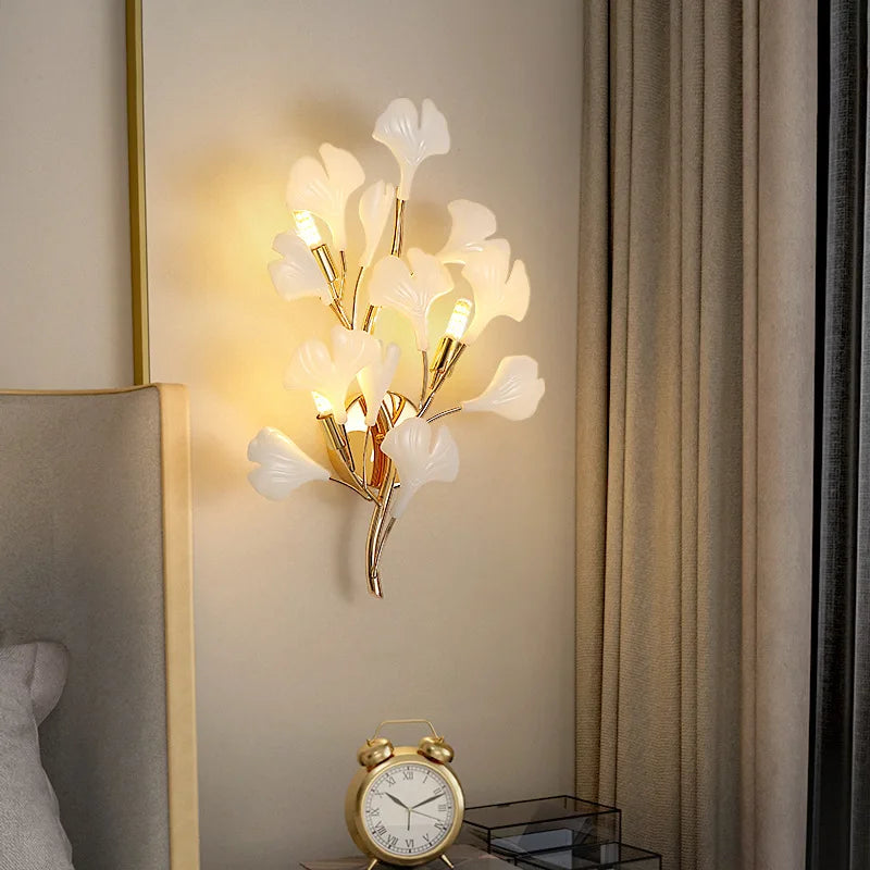 ™ Leaf Ceramic LED Wall Sconce, Romantic Bedroom Lamp, Gold Metal Art Decor