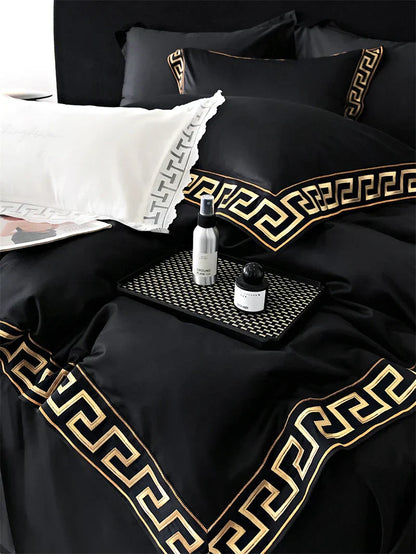 DecorBites™ Gold Embroidery Duvet Set, Black Egyptian Cotton Bedding, 1000TC, Double King Queen