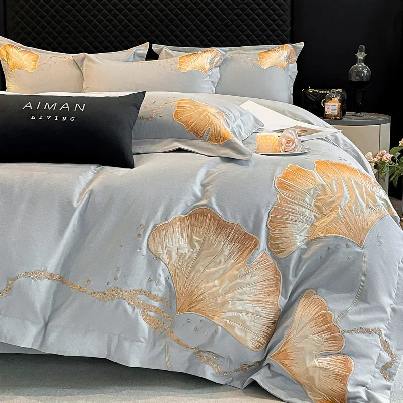 DecorBites™ Gold Ginkgo Leaf Embroidery Bedding Set - 100% Cotton Luxury 4Pcs