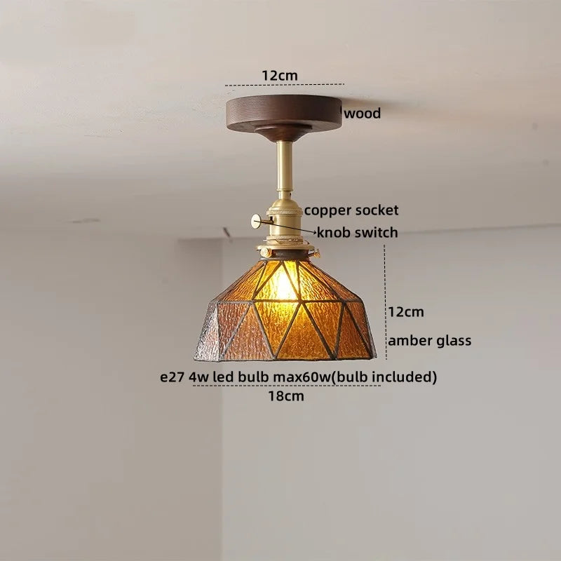 DecorBites™ Amber Glass LED Ceiling Light Modern Wood Canopy Kids Room Fixture