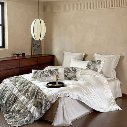 DecorBites™ Luxe Lace Ruffles Wedding Bedding Set: Duvet Cover, Bed Sheet, 2 Pillowcases