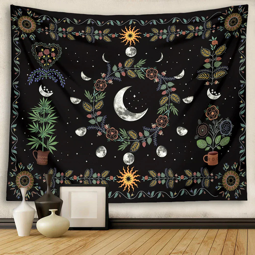 DecorBites™ Celestial Moon Phase Floral Tapestry Wall Hanging