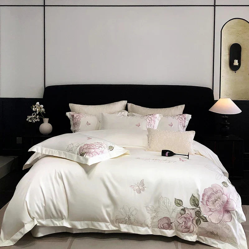 DecorBites™ Butterfly Flowers Embroidery 600TC Egyptian Cotton Bedding Set: Duvet Cover, Bed Sheet, Pillowcases