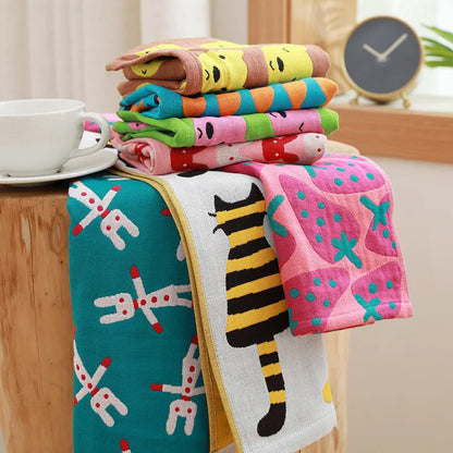 DecorBites™ Kids Cartoon Face Towels - Set of 3 | Cats Print | 100% Cotton | 25*50cm